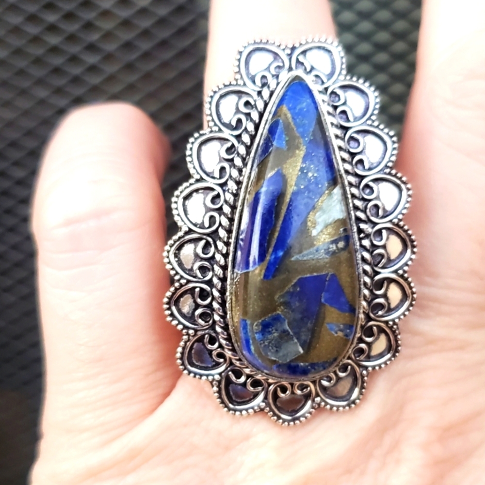 New Oversized Copper in Lapis Lazuli Silver Ring.